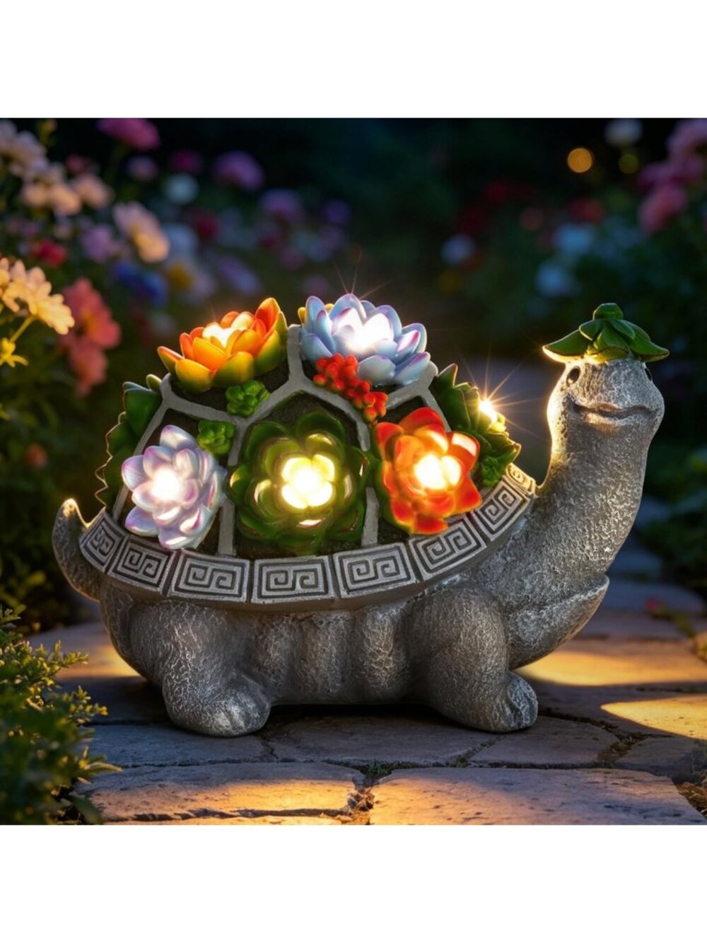 Large 11.1 Inch Solar Garden Turtle Statue with Succulent Lights - Outdoor Decor